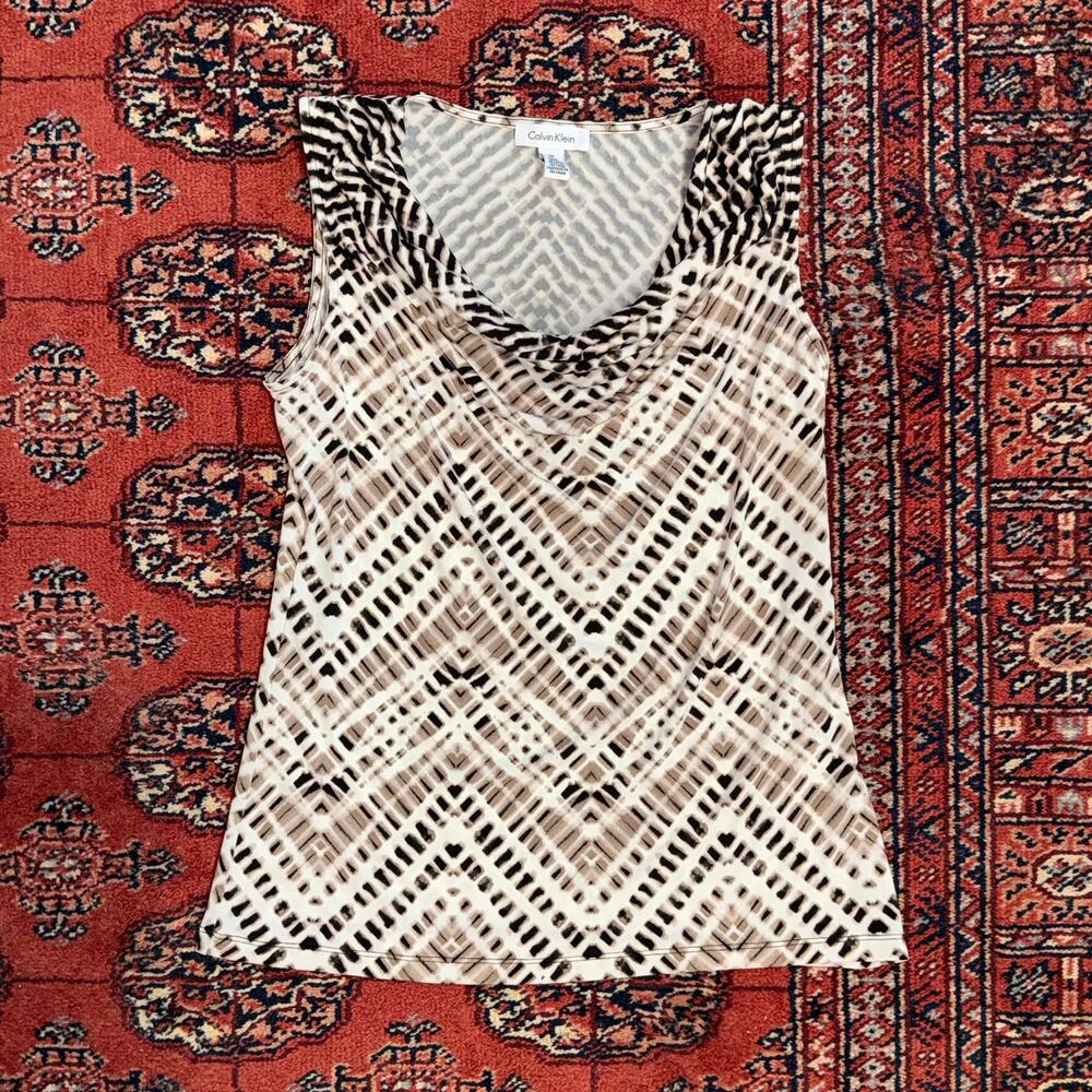 Calvin Klein‎ Women's M Black/Tan on Cream Stretch Polyester Drape Neck Top